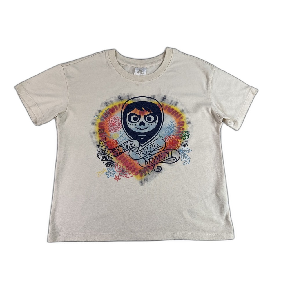 Disney Skull Dia de los Muertos Graphic Print Tee XS Beige Cotton Short Sleeve